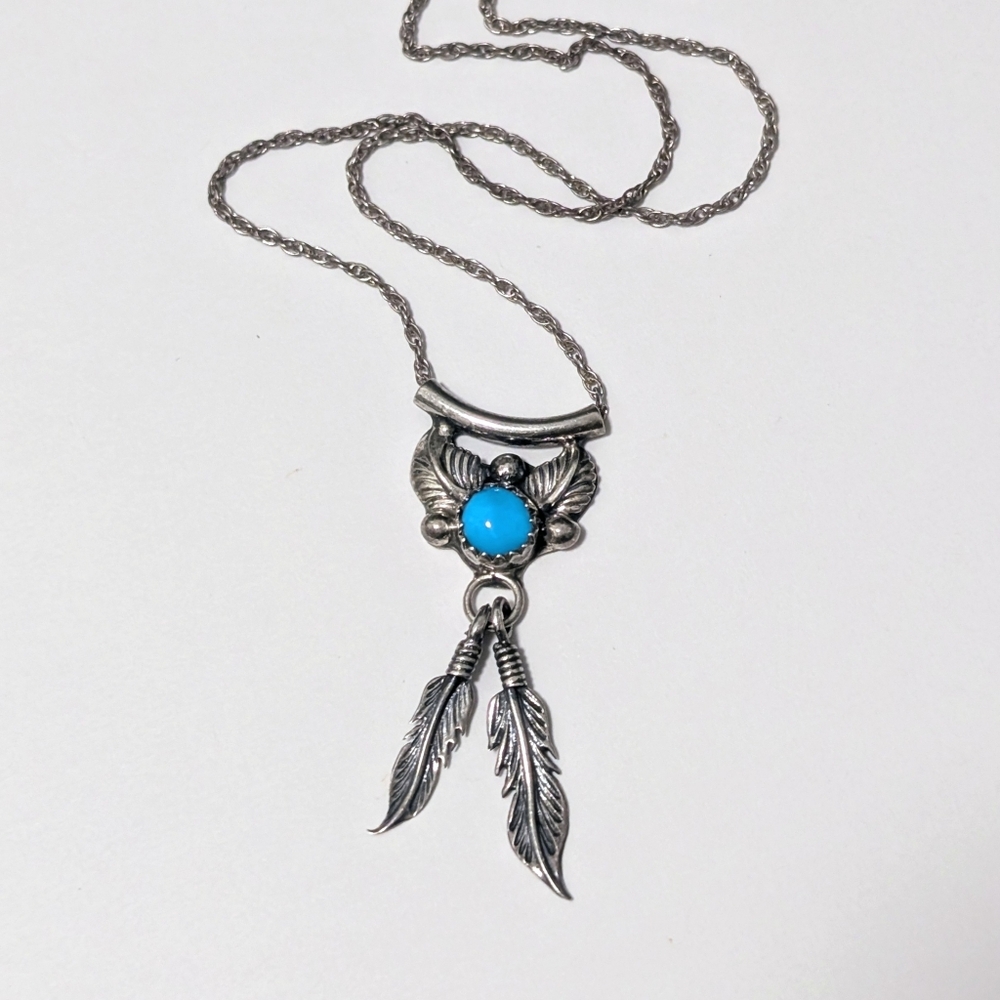 Vintage sterling silver necklace Native American turquoise coral Leaf Feather